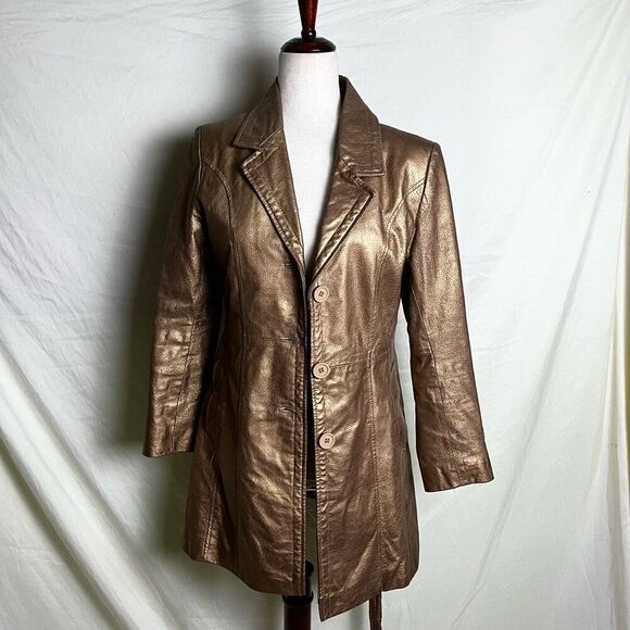 Vintage Y2K Gold Leather Short Trench Coat Belted Jacket Button Down Small - Picture 2 of 9